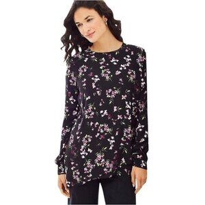J. Jill Asymmetrical Black Crepe Floral Long Sleeve Keyhole Blouse Size Small